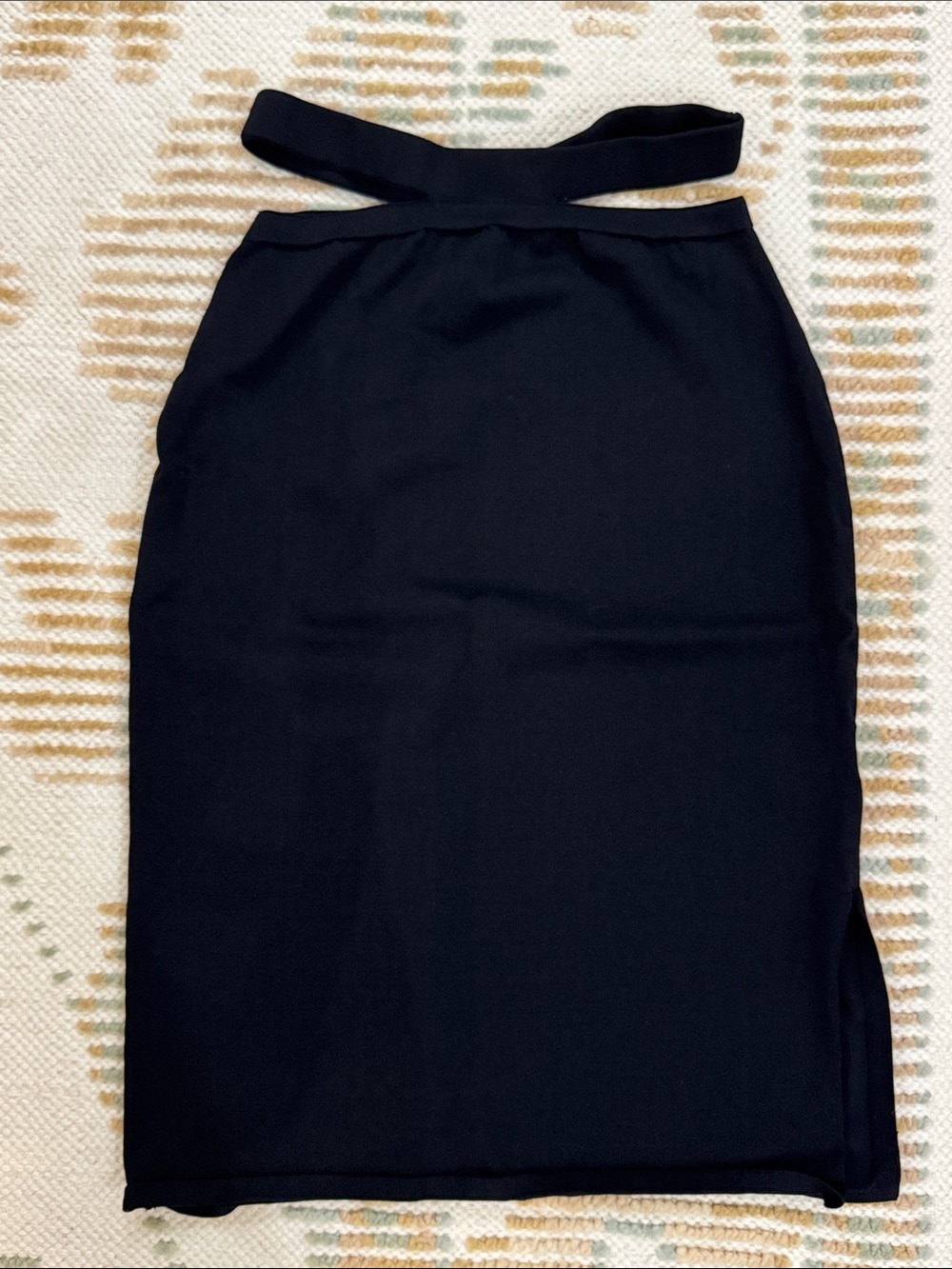 High-Waist Black Midi Pencil Skirt with Front Waistband